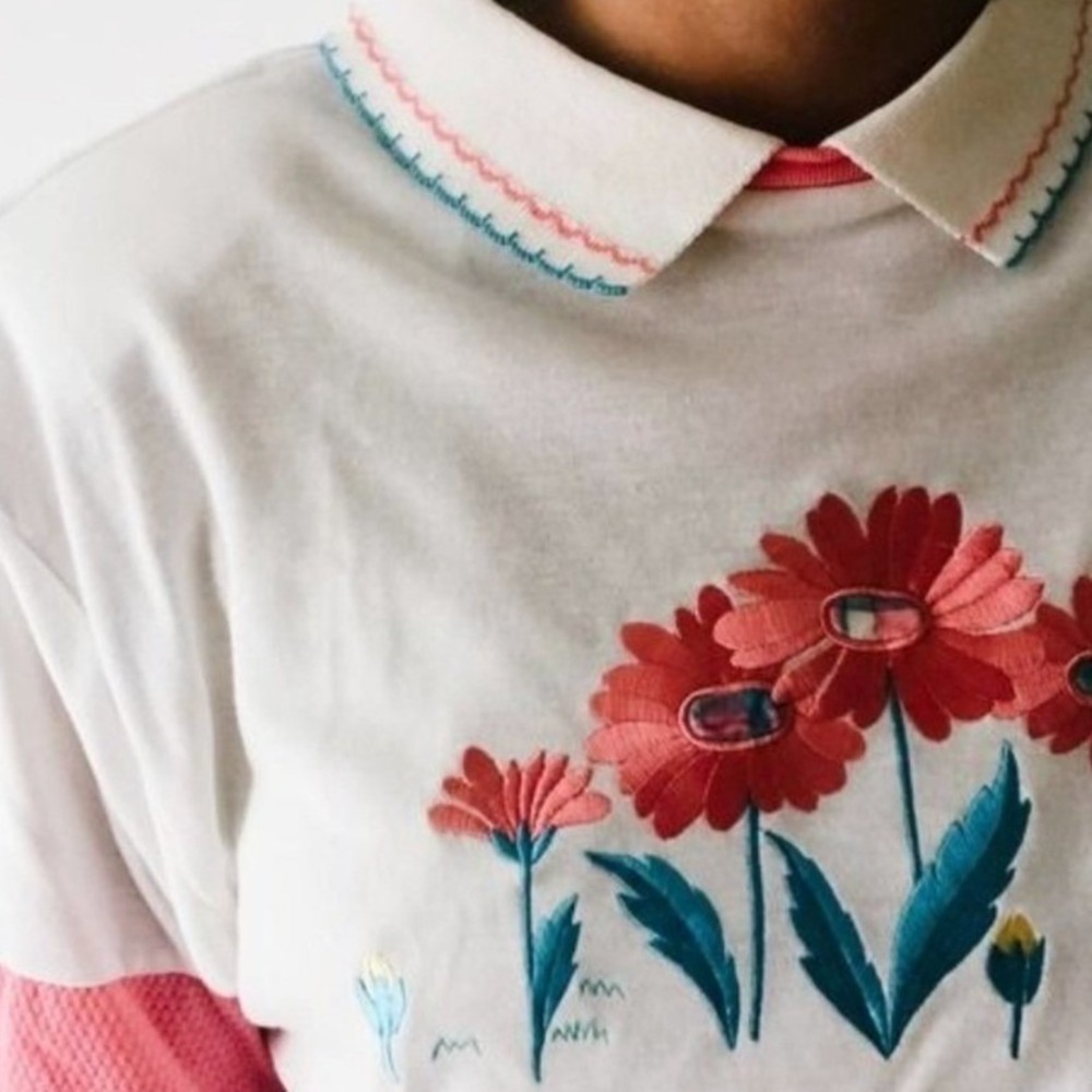 Pykettes Vintage Floral Embroidered Colorblock Polo Shirt White Pink Teal Large - Picture 3 of 8